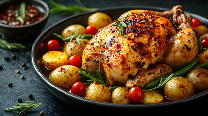 Roasted chicken with potatoes, tomatoes, & green beans in dark dish