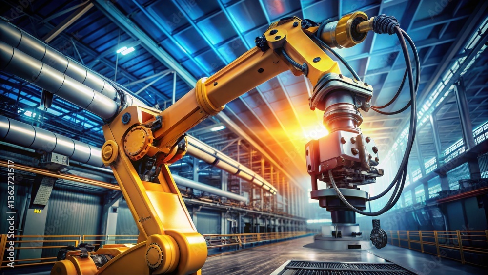 Poster robotic arm in industrial setting with high contrast and smooth motion