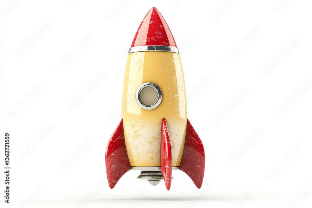 Poster vintage styled rocket toy in bright colors displayed against a plain background