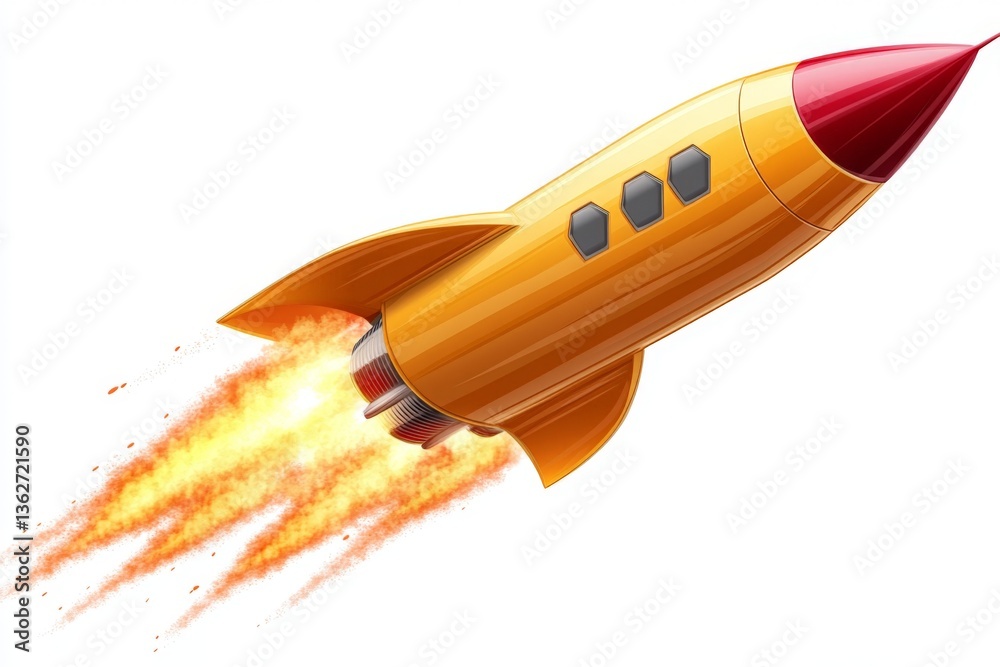 Poster bright orange rocket soaring through the sky, trailing flames and smoke, symbolizing adventure and e
