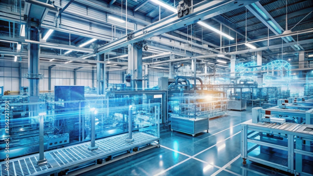 Poster Advanced Factory Equipment with Data Overlays in High-Tech Setting