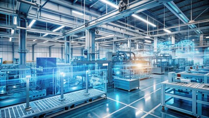 Naklejka premium Advanced Factory Equipment with Data Overlays in High-Tech Setting