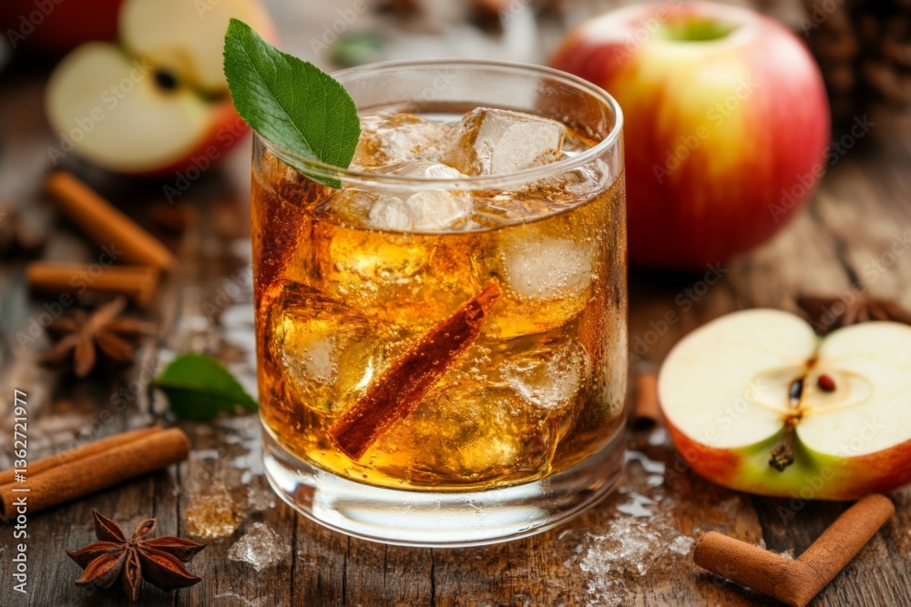 Poster refreshing apple cinnamon cocktail with ice served on wooden table with spices and fruit