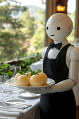 Robot waiter serves food on a plate at a restaurant with window and nature view