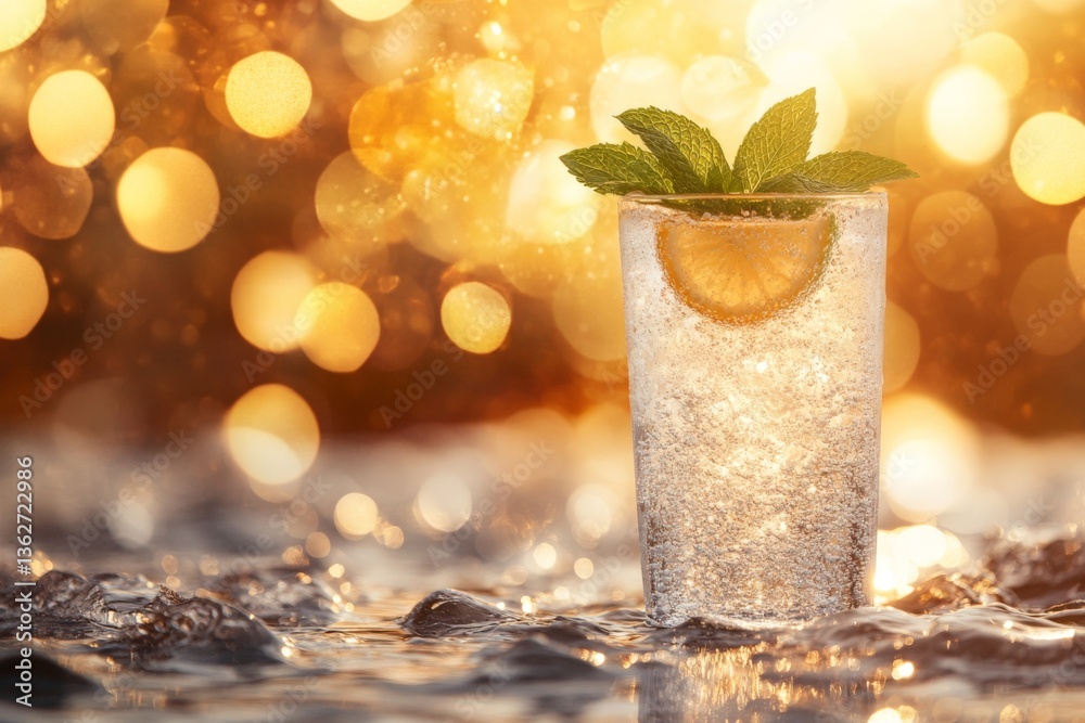 Poster refreshing sparkling drink with mint and lemon on a golden background during sunset by the water