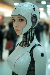 Robot with a human face and white armor plating in a public space