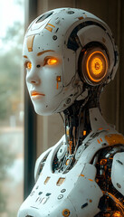 Robotic android gazes with luminous eyes, showcasing intricate, futuristic design and advanced technology