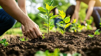 Human hands plant saplings into the earth, symbolizing environmental care