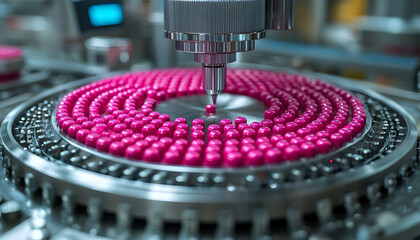 Robotic arm placing pills on a metal rotating platform in a clean factory