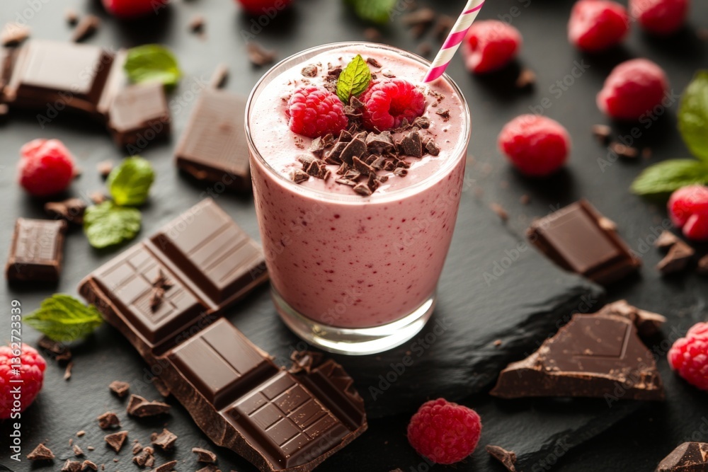 Poster indulgent raspberry chocolate smoothie garnished with fresh raspberries and mint on a dark slate sur