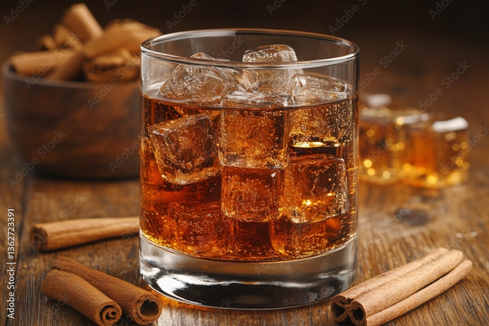 Poster Refreshing beverage with ice and cinnamon sticks on rustic wooden table in cozy setting