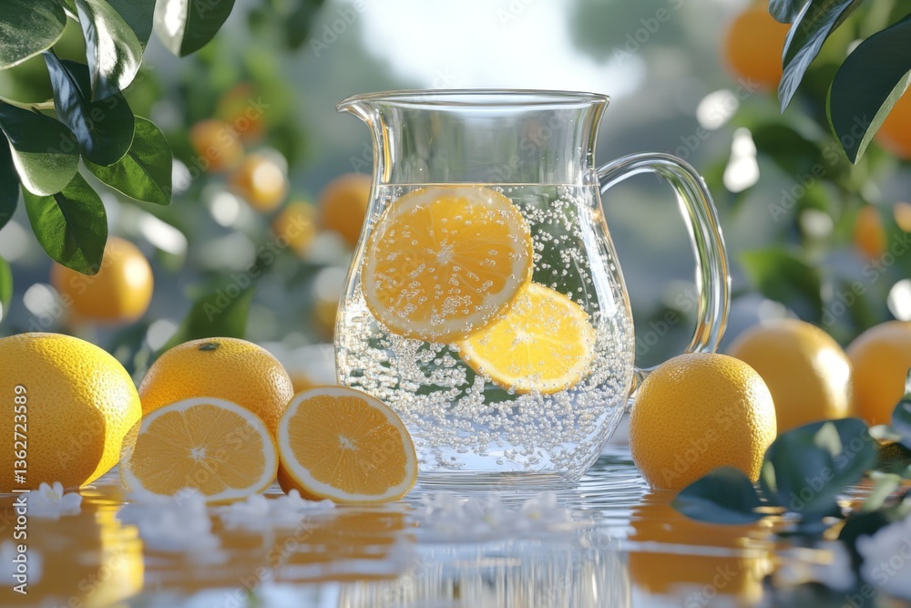 Poster refreshing lemon and orange drink with bubbles in a glass pitcher surrounded by fresh fruits and gre