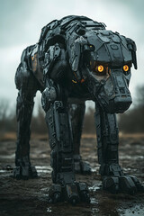 Robotic dog, futuristic, metallic, in field