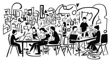 Group of Students Studying Together at a Table – Line Art