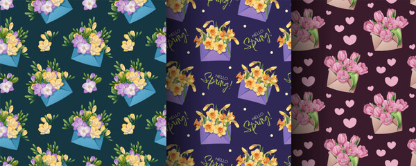 Spring Seamless Pattern Set with Daffodils, Tulips and Freesia in Envelope. Floral Background for Textiles, Wallpaper and Wrapping Paper. Fresh Vector Illustration.