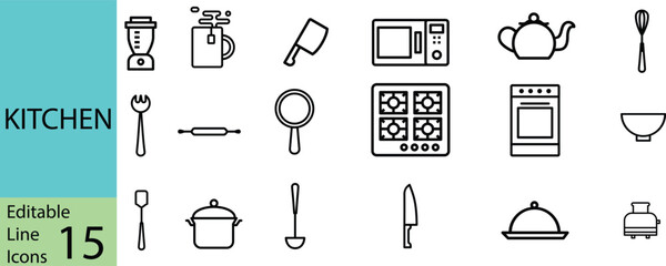 Kitchen Line Editable Icons set. Contains such Icons as Pot, pan and kitchen utensils and more. vector set of kitchen utensils