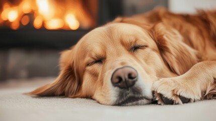 A golden retriever peacefully sleeps in front of a cozy fireplace, exuding warmth and tranquility in a comfortable indoor setting.