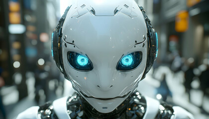 Robot's face with blue eyes in urban landscape