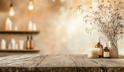 Obraz premium Rustic wooden table displays amber glass bottles, a brush, and dried flowers against a blurred background of shelves with beauty products. Warm lighting creates a calm atmosphere.