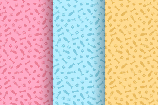 Cat's paws prints, hearts, fishes and fish bones. Vector seamless patterns collection in pastel colored variations.