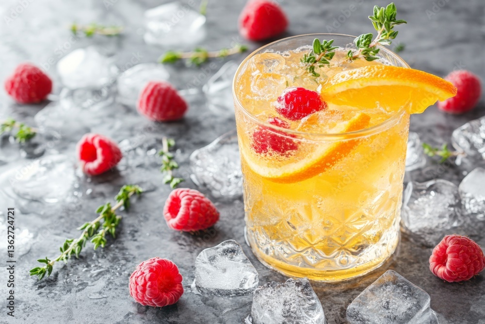 Poster refreshing summer cocktail with raspberries and oranges garnished with thyme on a marble surface