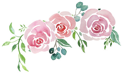 Aquarell Blumen in Pink und Rosa, florales Bouquet aus Rosen mit Eukalyptus handgemalt für Hochzeitseinladungen, Mode und Beauty Hintergründe