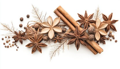 Brown and beige spices and dried flowers arranged on a white background. Star anise, cinnamon sticks, peppercorns, and other aromatic elements create a warm, autumnal aesthetic.