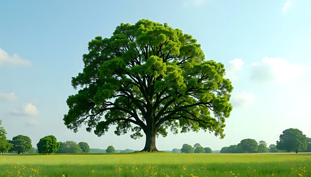 a single oak tree standing in a green field or meadow