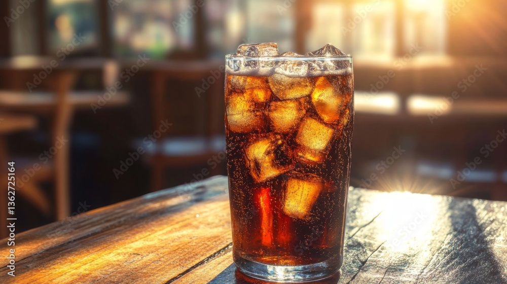 Poster a cold soda with ice cubes on a wooden table, with sunlight streaming through a window.