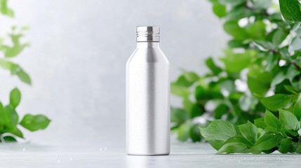 Metallic bottle surrounded by greenery