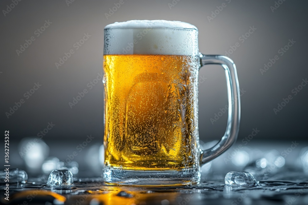 Aufkleber Refreshing cold beer served in a frosty mug on a smooth surface with ice cubes during evening relaxation