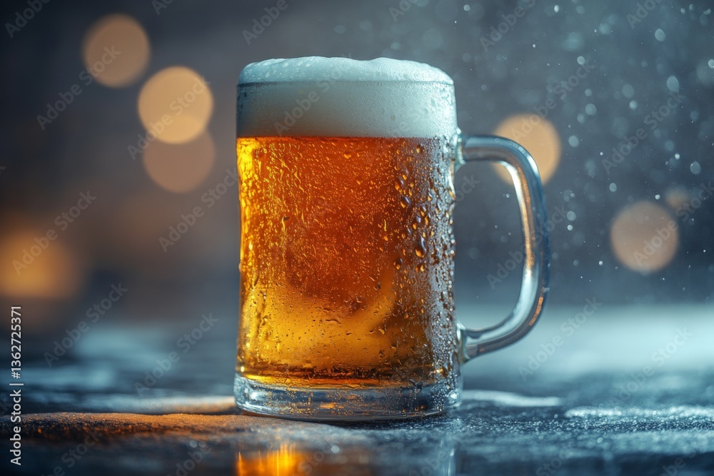 Aufkleber Refreshing glass of cold beer with frothy top on a wet surface in a cozy setting during a relaxed evening