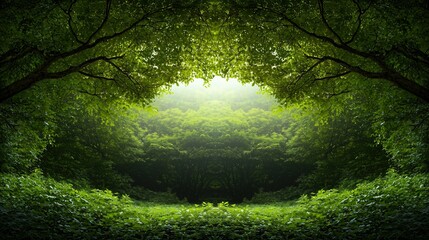 Fototapeta premium Serene Forest Clearing with Natural Green Canopy and Sunlight Streaming Through the Trees