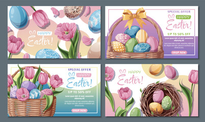 Happy Easter Sale Banner Set with Nest, Basket of Colorful Eggs and Tulips. Spring Holiday Promo Kit for Social Media, Posters, Flyers, and Digital Ads. Festive Vector Illustrations.