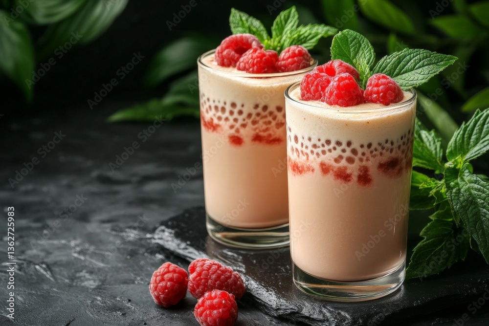 Poster refreshing raspberry smoothies in glass cups garnished with fresh mint leaves on a dark stone surfac
