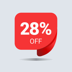 28% off discount, twenty eight percent chat balloon. Special offer sale red tag. Concept of the price list for discounts. Advertising campaign, sales, label offer. Vector illustration.