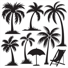 set vector various palam tree and beach chair, beach chair with umbrella silhouettes	
