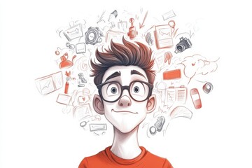 Youthful character surrounded by creative ideas and technology in a lively illustration featuring various digital elements and tools