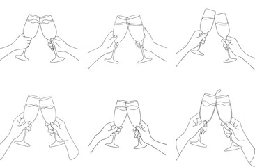 Minimalist line art Hands toasting champagne glasses, celebration icon, drink