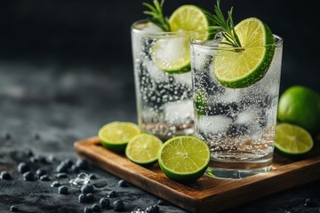 Fototapeta premium Refreshing drink served in glasses with lime and rosemary on wooden platter with blueberries