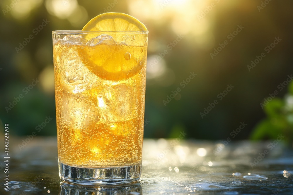 Poster refreshing citrus drink with ice and lemon against a warm sunset background at outdoor setting