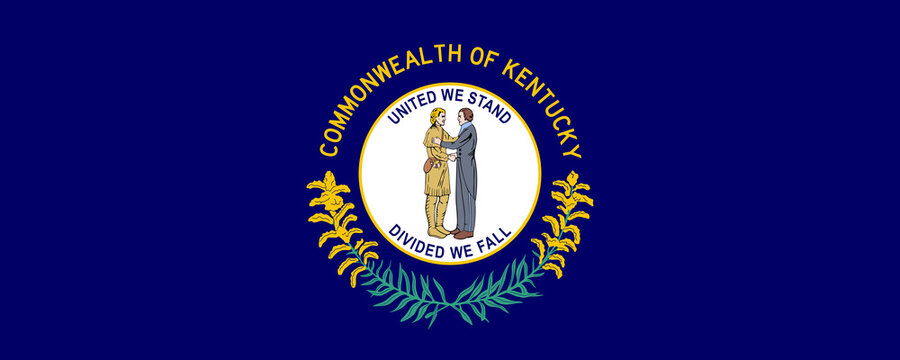 Kentucky flag featuring the state seal with motto United We Stand Divided We Fall