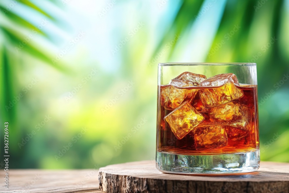 Poster Refreshing glass of beverage with ice cubes placed on a wooden table in a tropical setting surrounded by greenery
