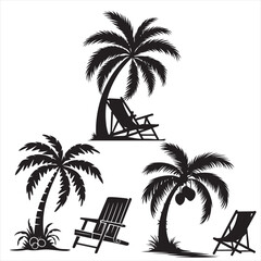 Obraz premium set vector various palam tree and beach chair, beach chair with umbrella silhouettes 