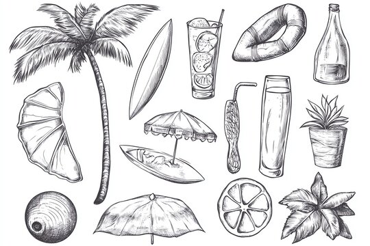 Summer vacation doodle style illustration set Vector ink hand drawn coastal sea or beach leisure and surf activities print elements Sea weekend rest collection for invitations to b