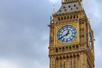 Detailed architectural view of Big Ben clock face in London