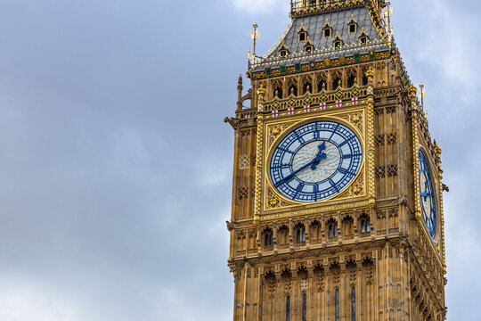 Detailed architectural view of Big Ben clock face in London
