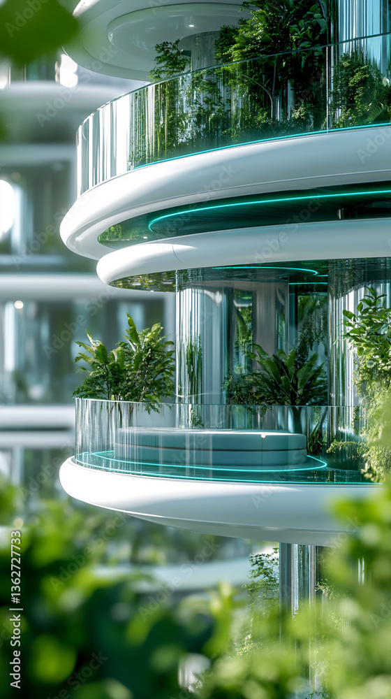 Poster modern building balcony with glass railings, showcasing indoor plants and a minimalist design, symbo