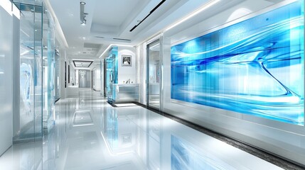 Serene Blue Hallway: Modern Interior Design with Abstract Art