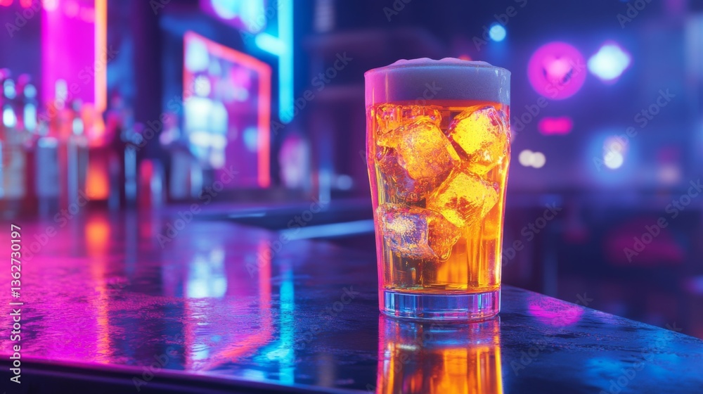 Poster a frosty beer glass with ice, sitting on a bar counter with a blurred neon-lit background.